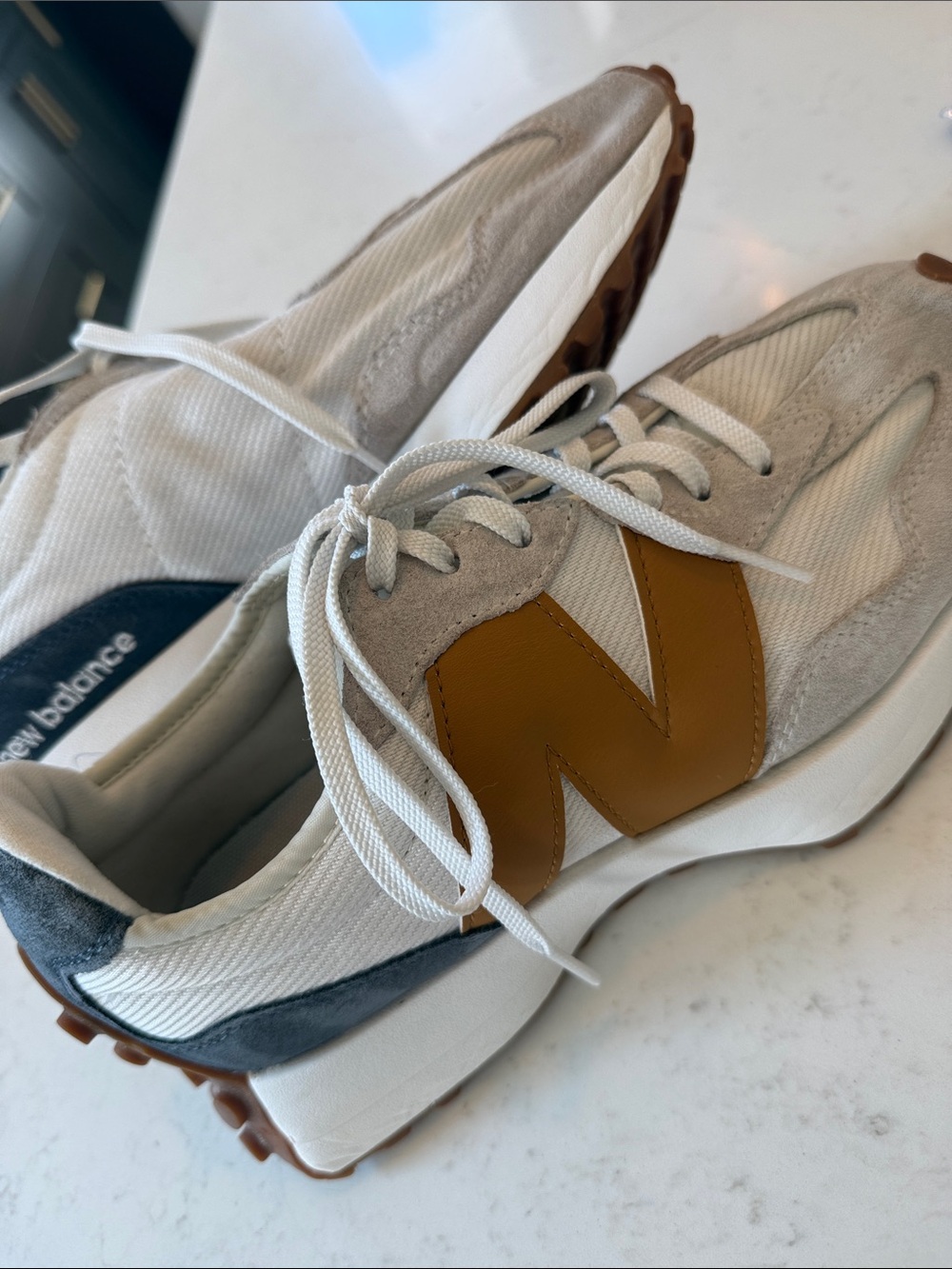 New Balance 327 Women’s Cream Suede & Mesh Sneaker with Brown Logo